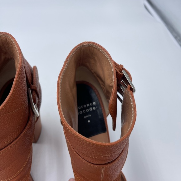 $900 Laurence Dacade Brown Cognac Cutout Leather Buckle Wooden Sandals Heels 41 - Picture 7 of 10